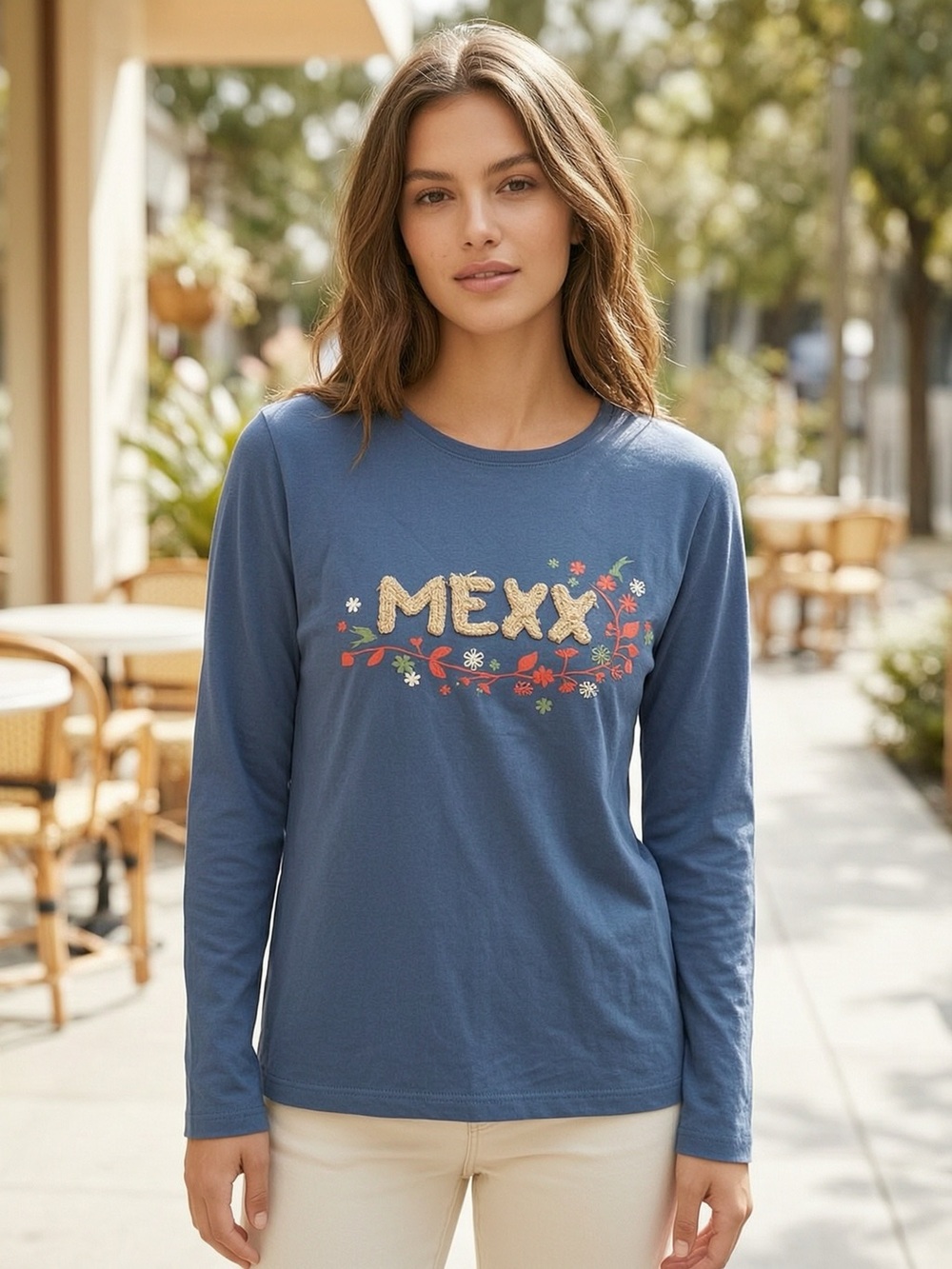 Mexx Blue Long-Sleeve Tee with Floral Logo Embroidery